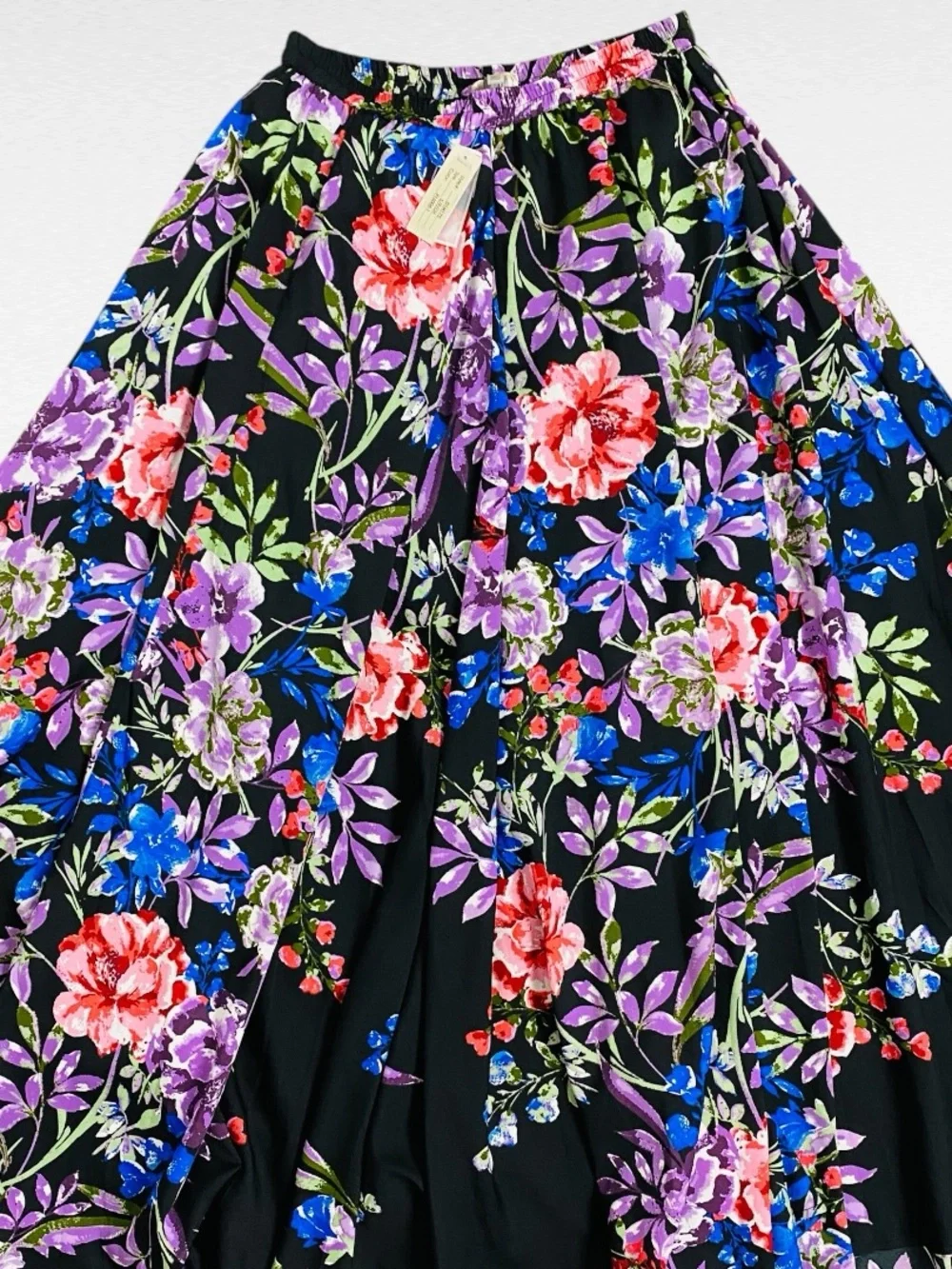 Cupio Black Pink Purple Blue Boho Flowy Elastic Waist Floral Maxi Skirt NWT